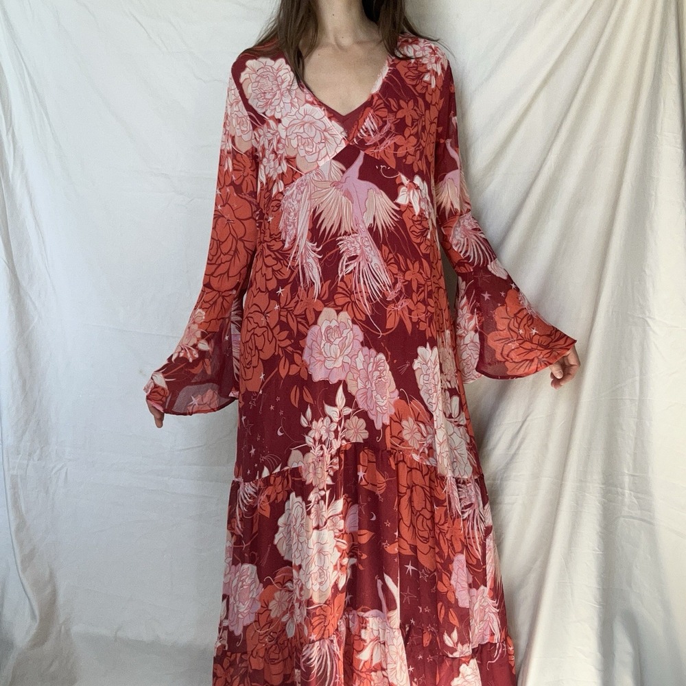 Free People Tiered Floral Maxi Dress Boho Fairy Beach Coastal Hippie Festival